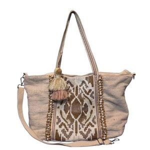 American & Beyond Boho Beige WomenTote Bag with Tassel Accent